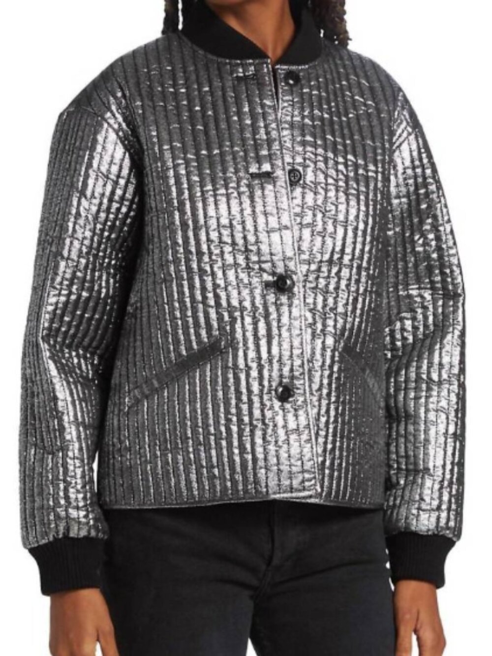 LIKE NEW The Great. The Metallic Bomber Jacket, Quilted Gunmetal - Women 3 Large